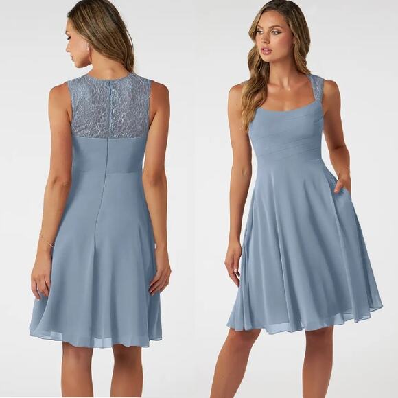 NEW AZAZIE Vina Chiffon Lace A-line Dress Sz 0 Dusty Blue Bridesmaid Knee-length - Picture 1 of 13